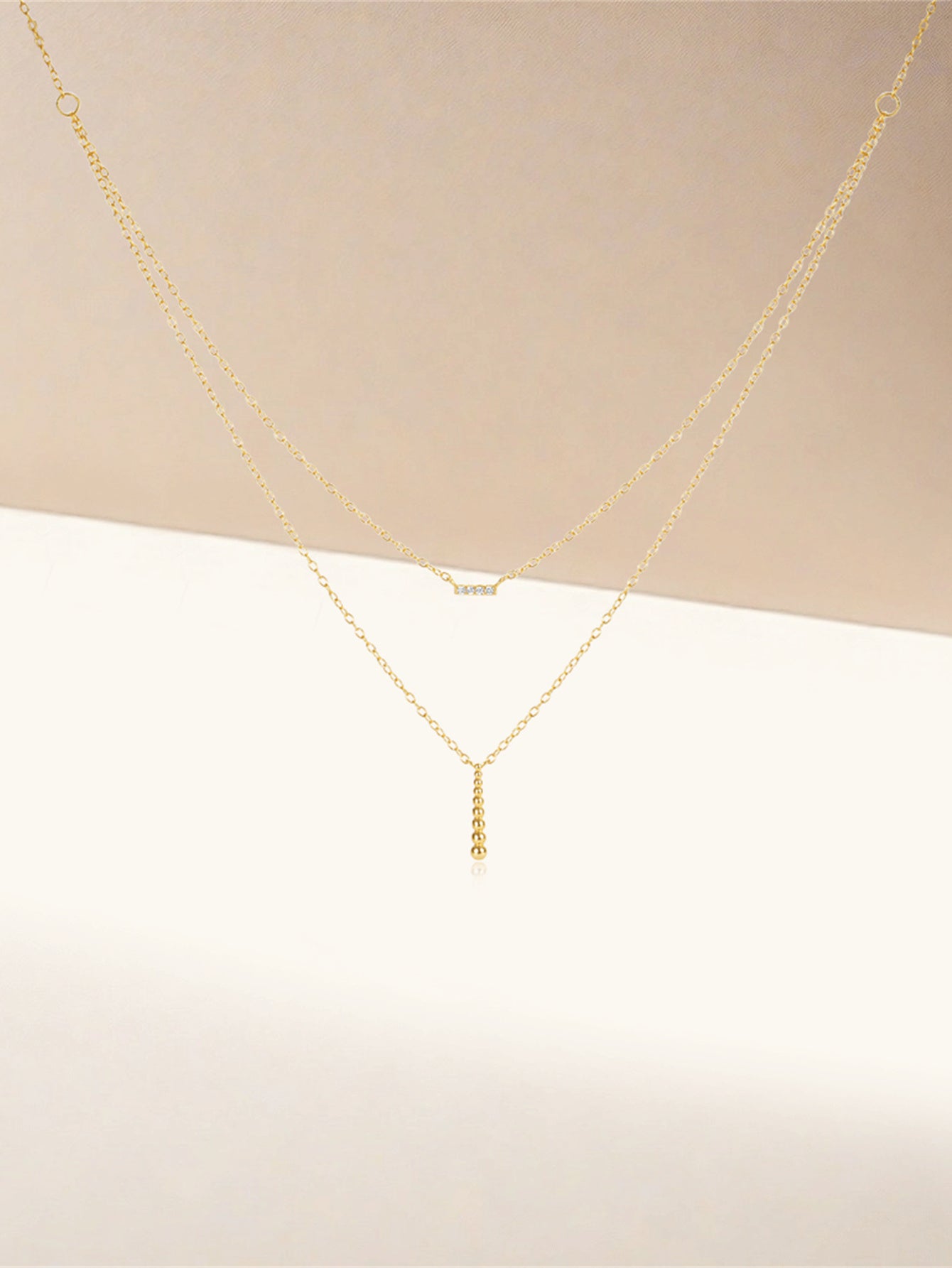 Olara S925 Double Layers Zircon and Beads Bar Pendant Chain Necklace-Olarajewelry