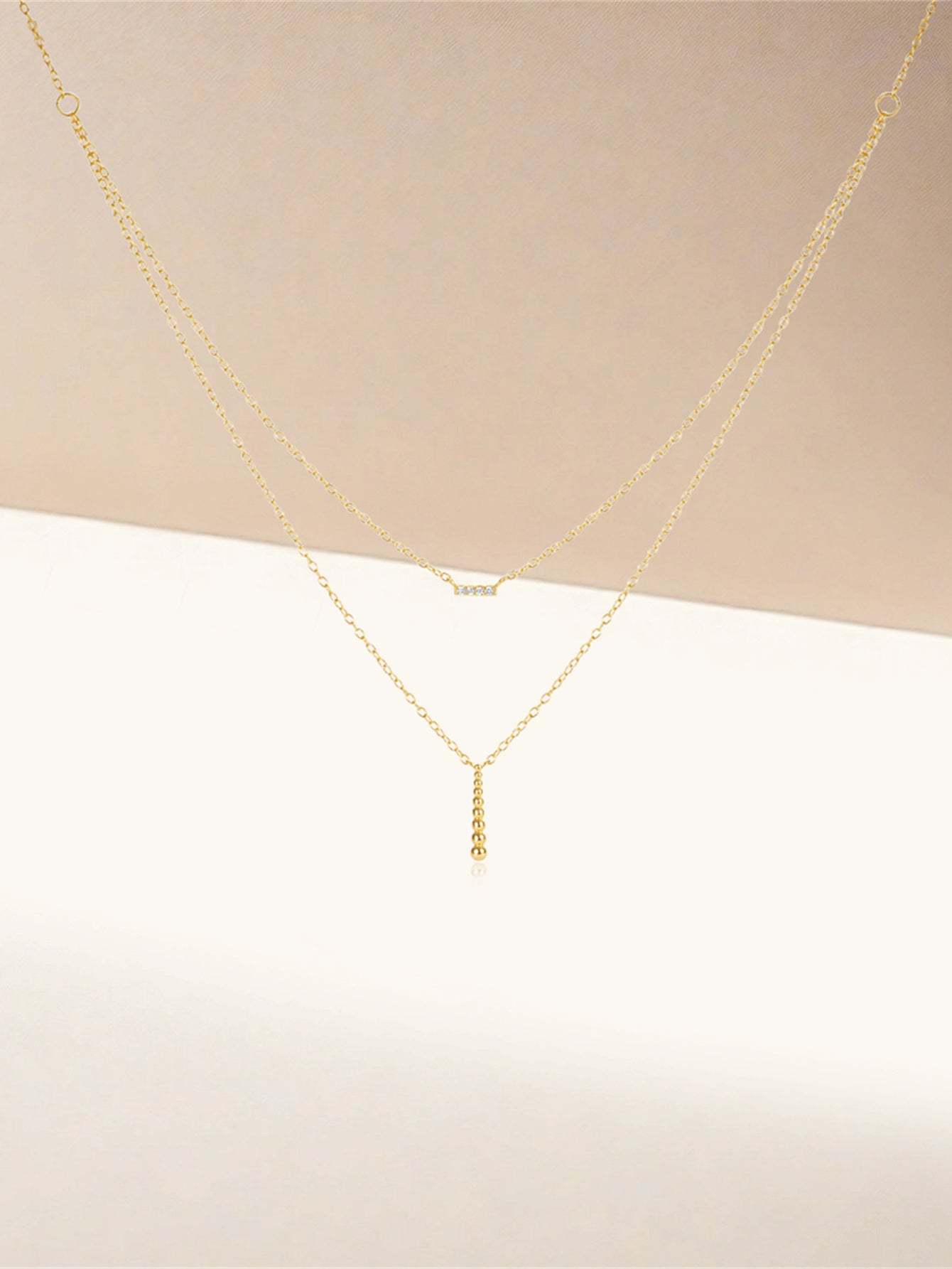 Olara S925 Double Layers Zircon and Beads Bar Pendant Chain Necklace-Olarajewelry