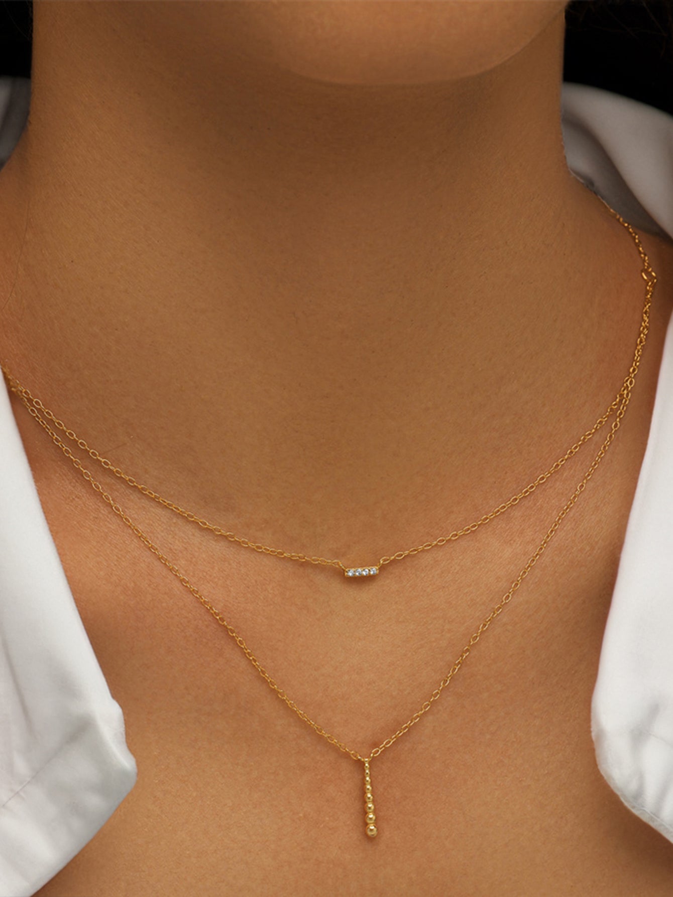 Olara S925 Double Layers Zircon and Beads Bar Pendant Chain Necklace-Olarajewelry