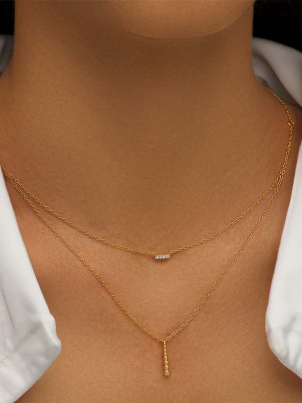 Olara S925 Double Layers Zircon and Beads Bar Pendant Chain Necklace-Olarajewelry