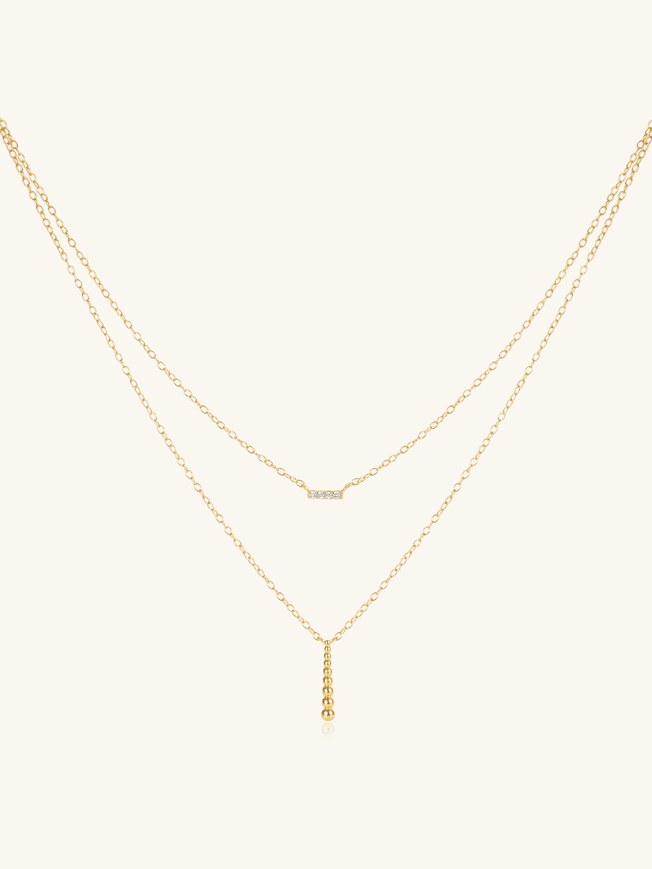 Olara S925 Double Layers Zircon and Beads Bar Pendant Chain Necklace-Olarajewelry