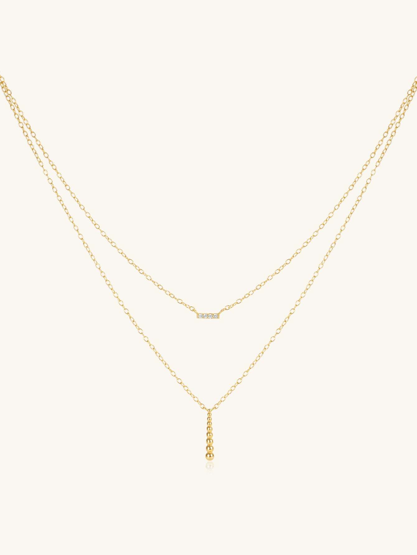 Olara S925 Double Layers Zircon and Beads Bar Pendant Chain Necklace-Olarajewelry