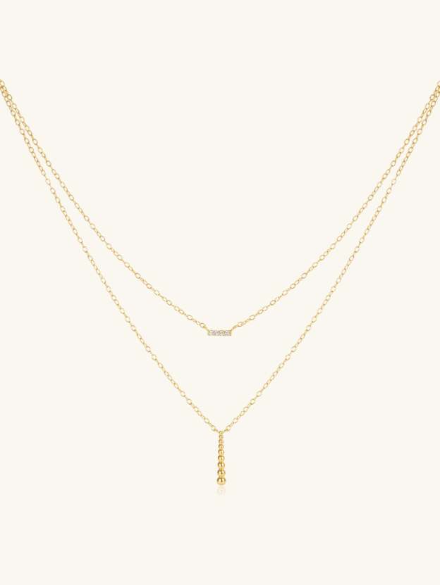 Olara S925 Double Layers Zircon and Beads Bar Pendant Chain Necklace-Olarajewelry