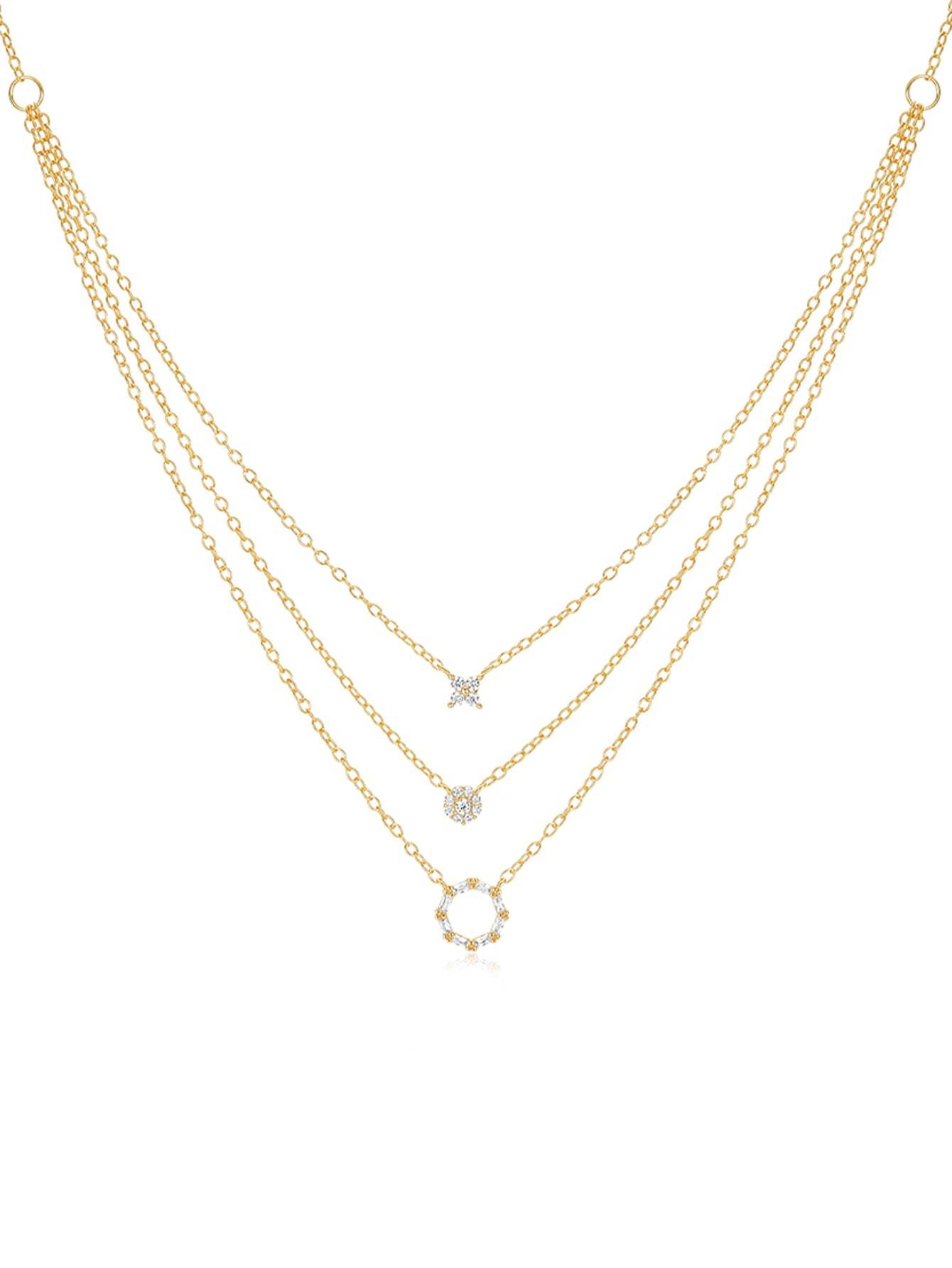 S925 Sterling Silver Geometric Zirconia Set Combo Triple Layers Necklace-Olarajewelry