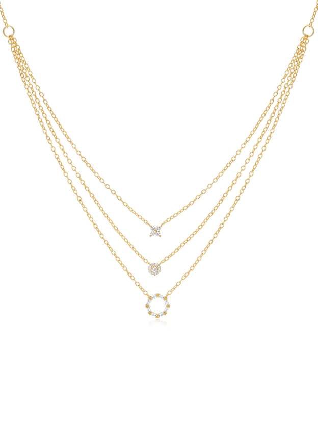 S925 Sterling Silver Geometric Zirconia Set Combo Triple Layers Necklace-Olarajewelry