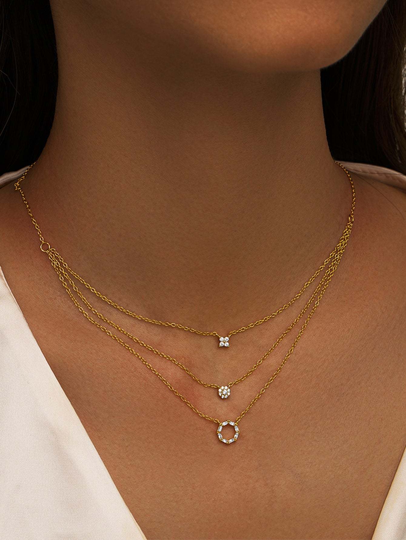 S925 Sterling Silver Geometric Zirconia Set Combo Triple Layers Necklace-Olarajewelry
