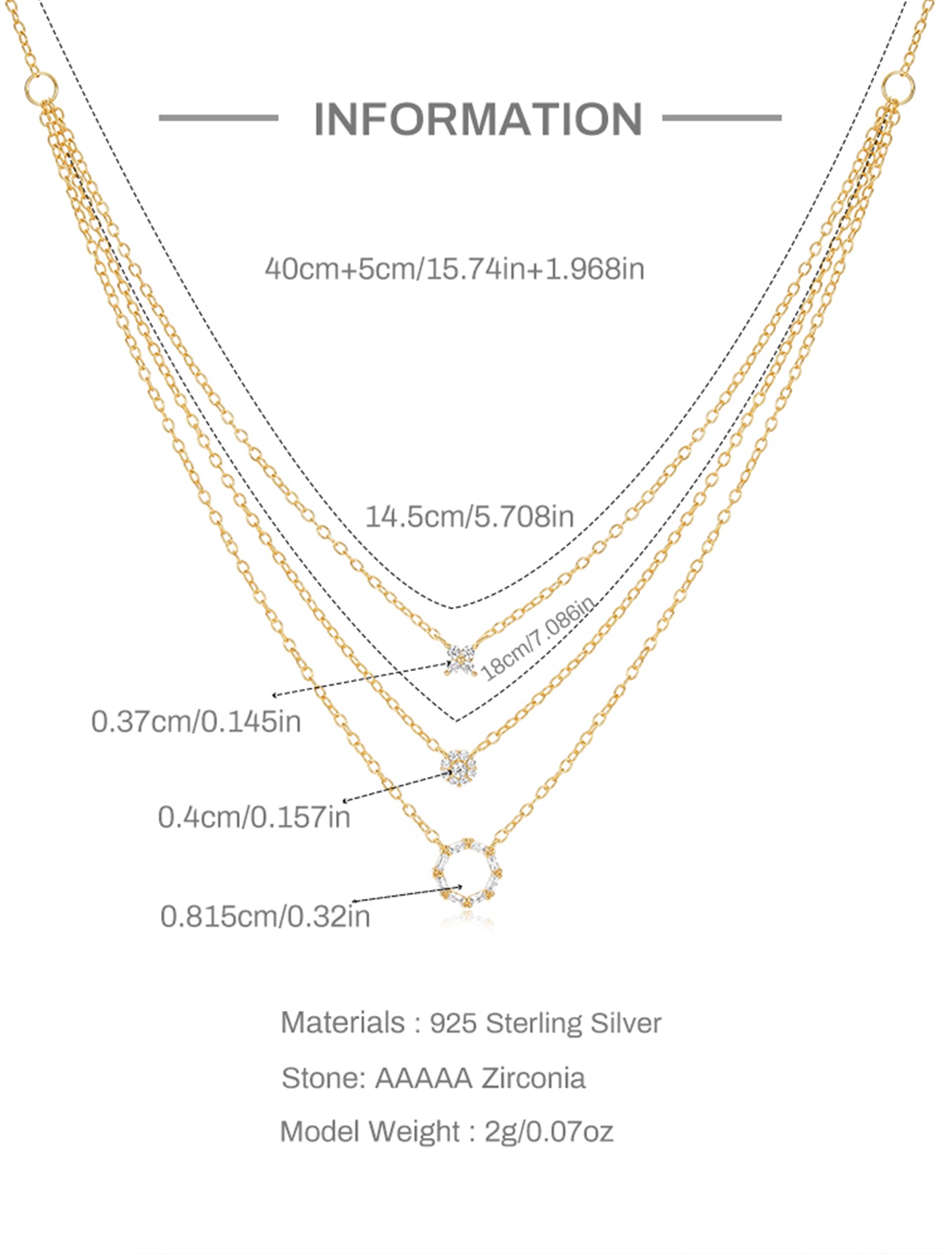 S925 Sterling Silver Geometric Zirconia Set Combo Triple Layers Necklace-Olarajewelry