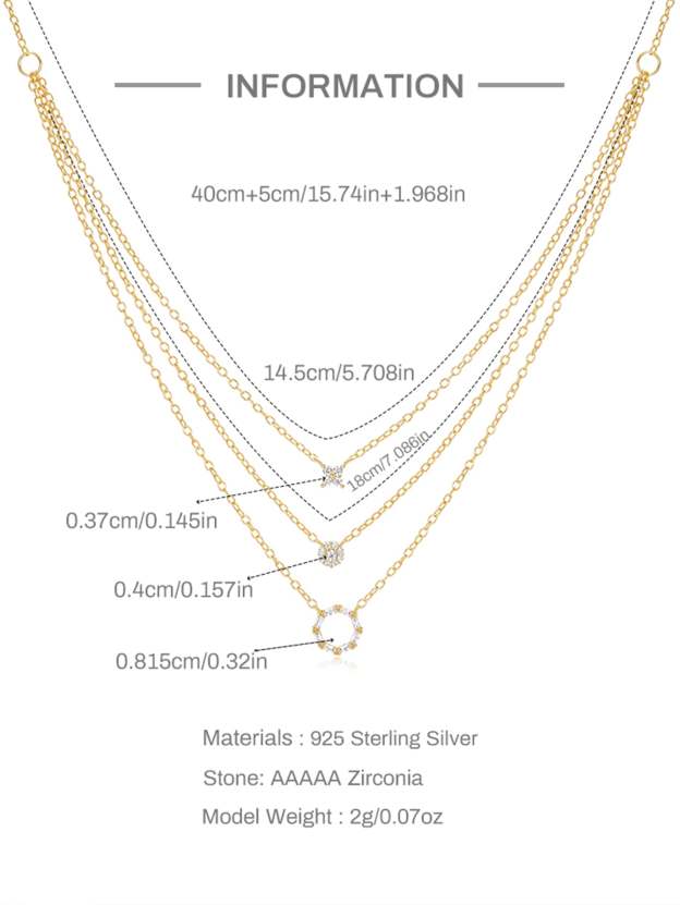 S925 Sterling Silver Geometric Zirconia Set Combo Triple Layers Necklace-Olarajewelry