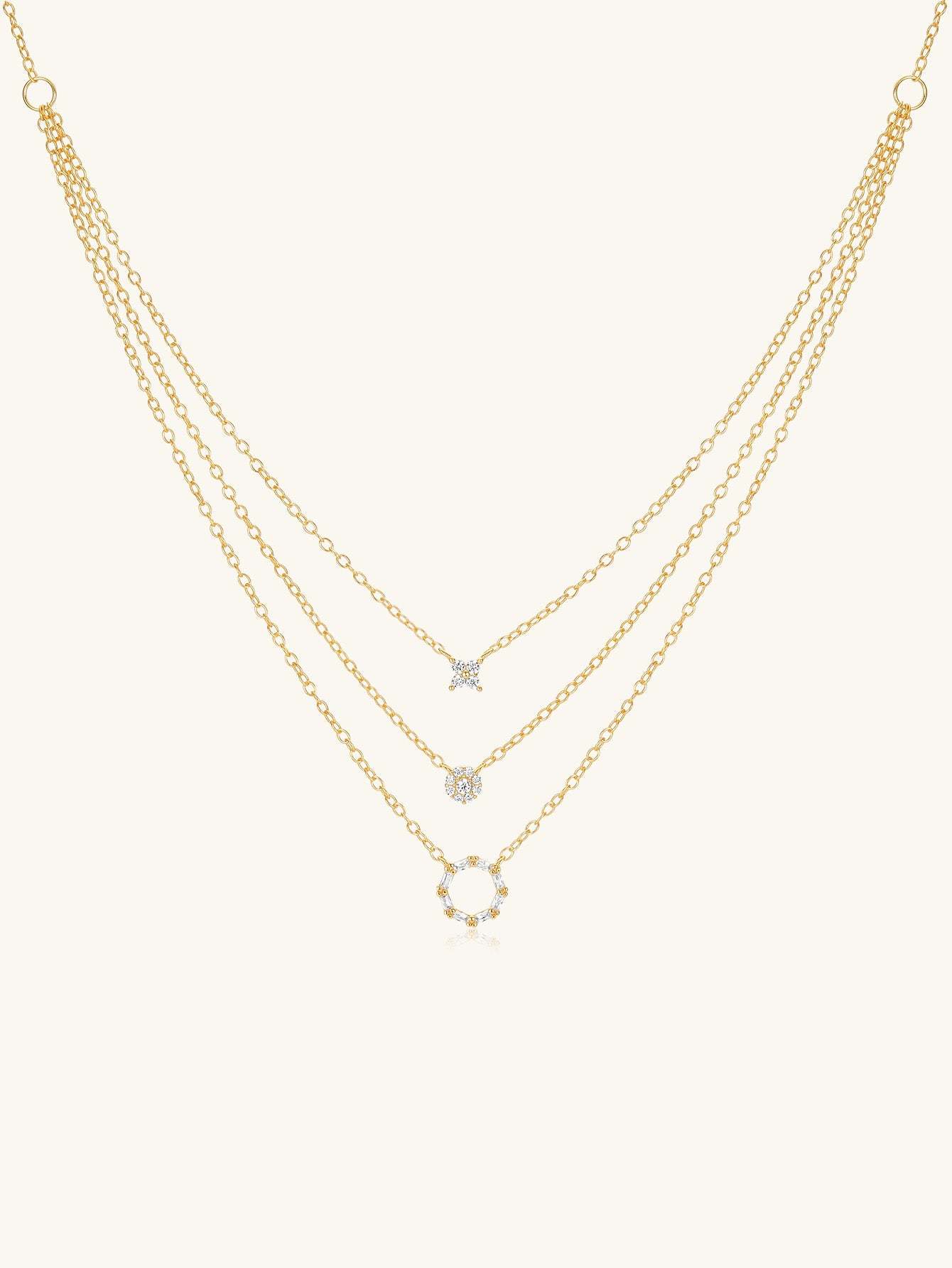 S925 Sterling Silver Geometric Zirconia Set Combo Triple Layers Necklace-Olarajewelry