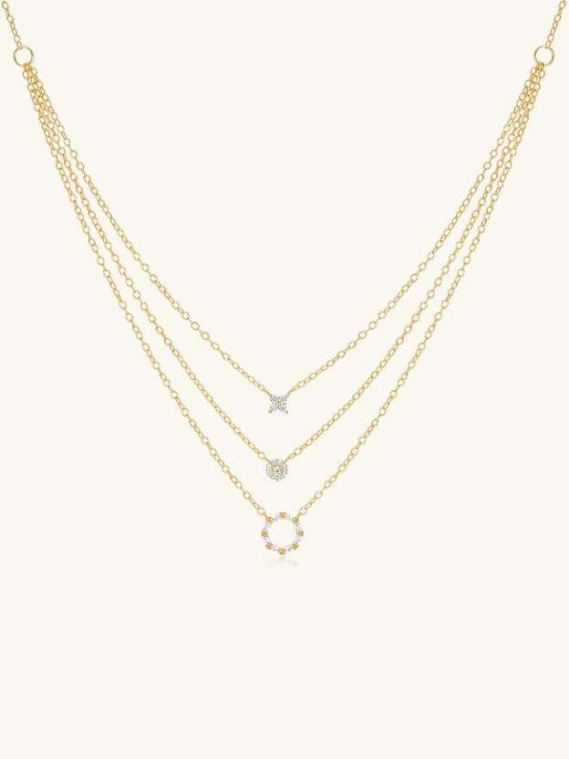 S925 Sterling Silver Geometric Zirconia Set Combo Triple Layers Necklace-Olarajewelry