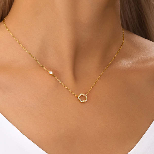 S925 Sterling Silver Five Petal Flower Hollowed Out with Zirconia Classic Collarbone Necklace-Olarajewelry