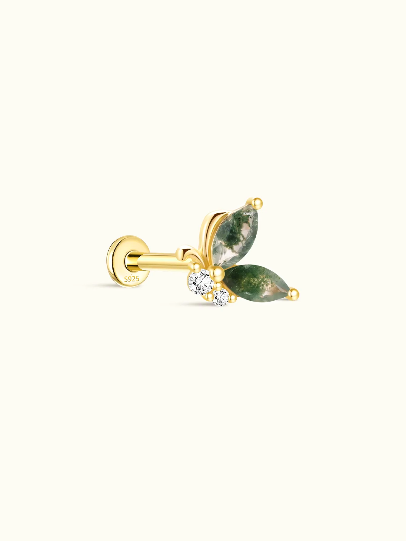 S925 Butterfly Moss Agate Flatback Stud