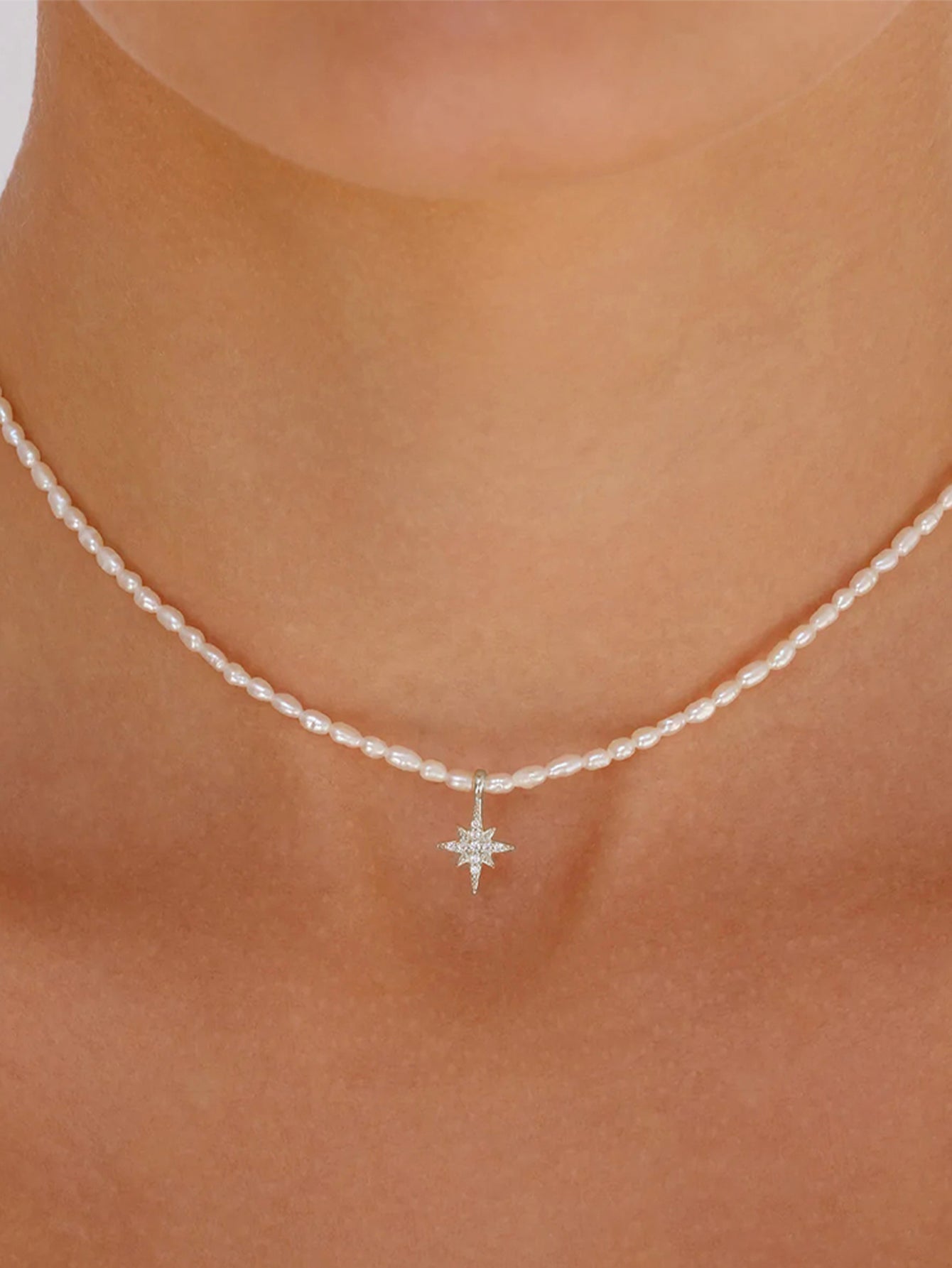S925 Sterling Silver French Beige Pearl Octagonal Star with Zirconia Necklace-Olarajewelry
