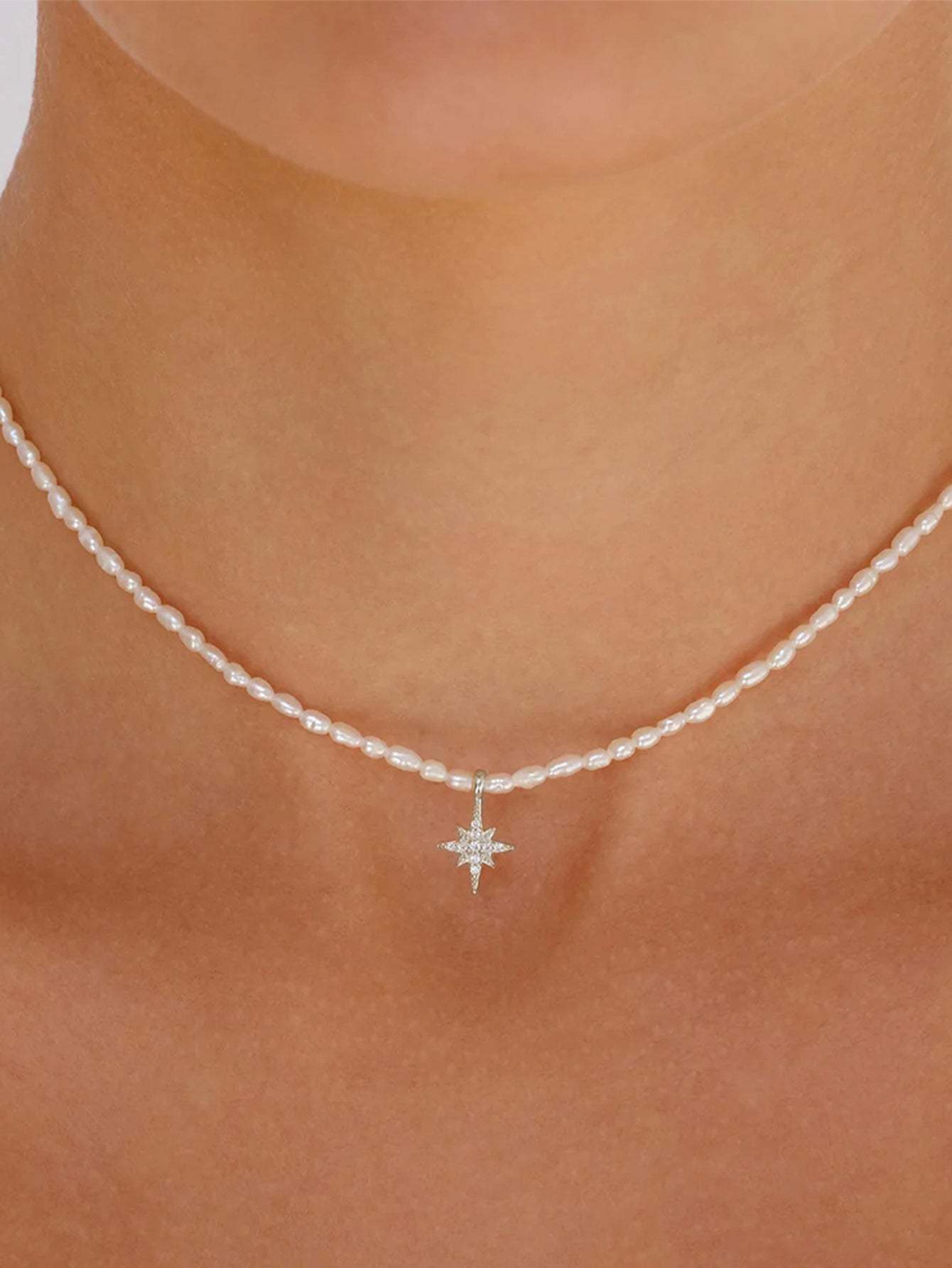 S925 Sterling Silver French Beige Pearl Octagonal Star with Zirconia Necklace-Olarajewelry