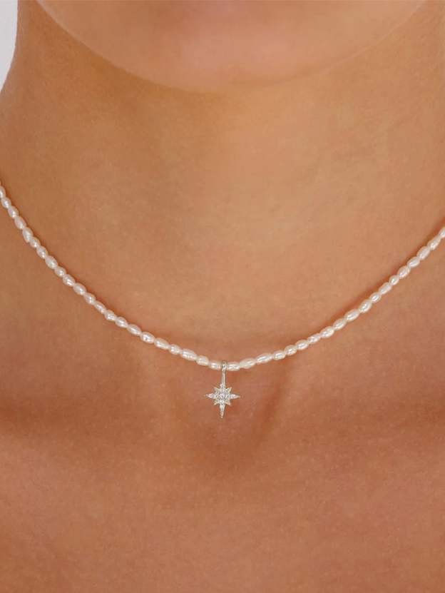 S925 Sterling Silver French Beige Pearl Octagonal Star with Zirconia Necklace-Olarajewelry