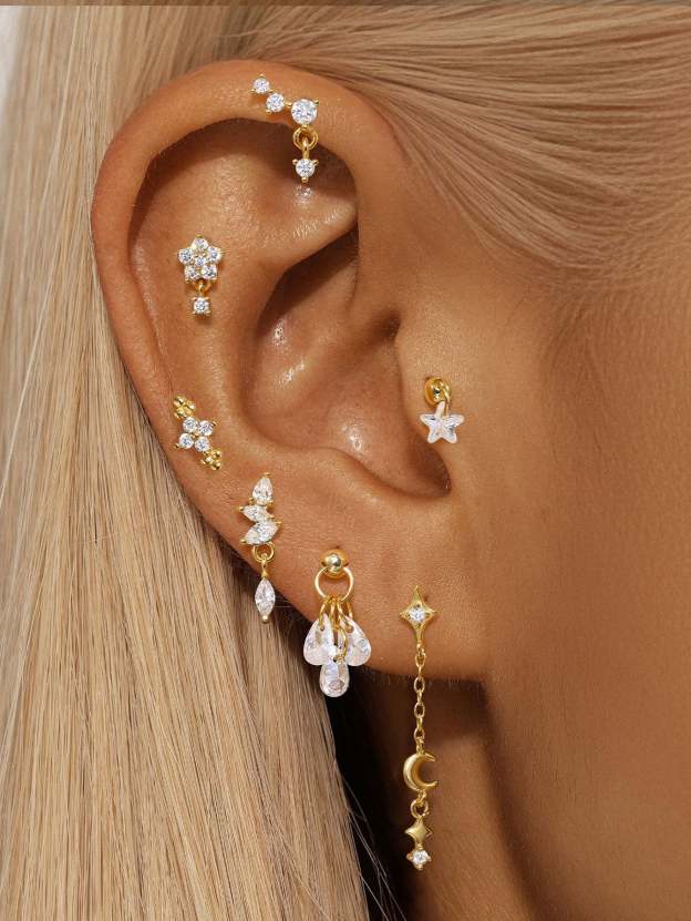 S925 Gold Plated Flower Drops Star Moon Stud Earring Series-Olarajewelry