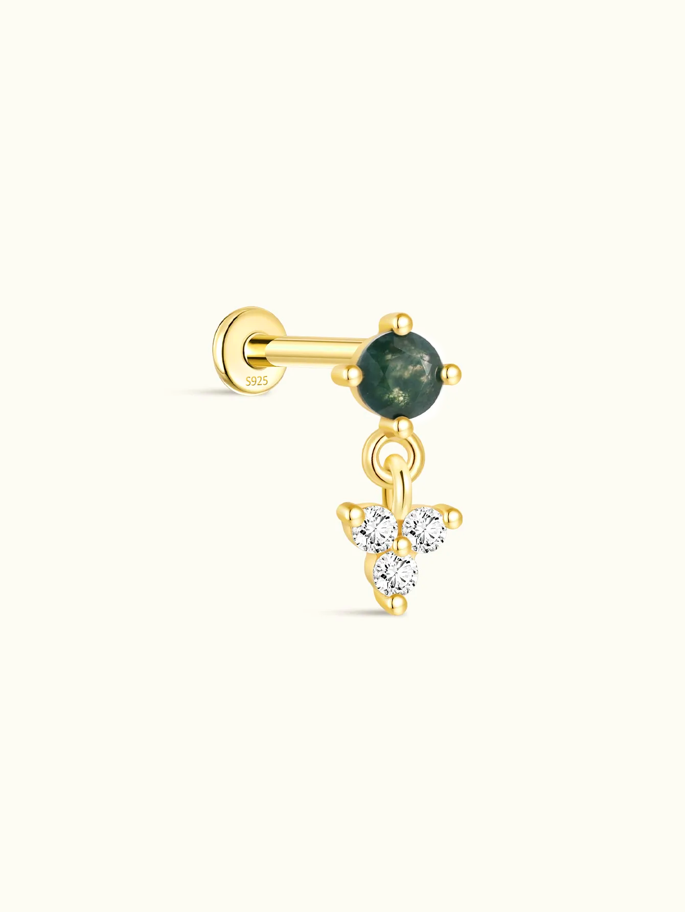 S925 Moss Agate Round Flatback Stud