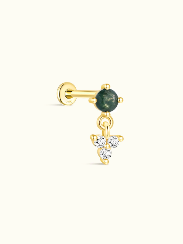 S925 Moss Agate Round Flatback Stud