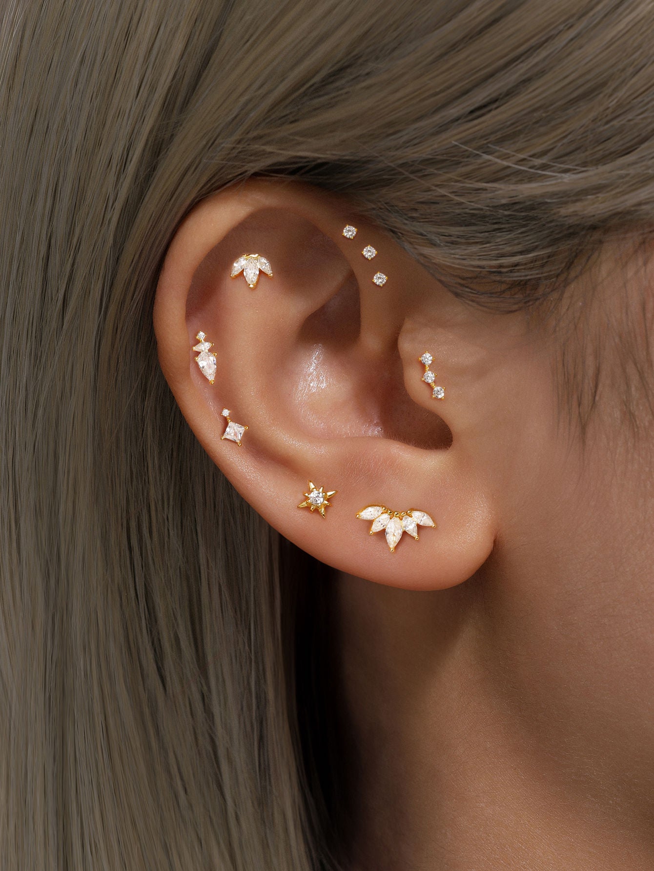 S925 Square Zircon Reversible Dangle Ear Piercing Stud-Olarajewelry