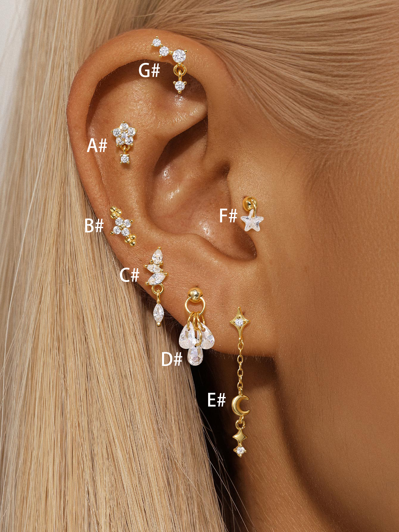 S925 Gold Plated Flower Drops Star Moon Stud Earring Series-Olarajewelry