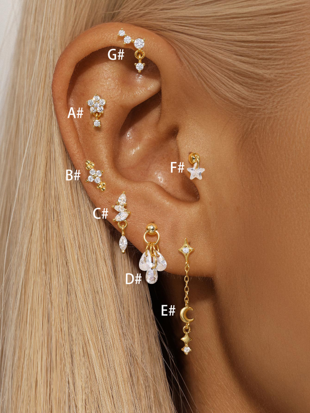 S925 Gold Plated Flower Drops Star Moon Stud Earring Series-Olarajewelry