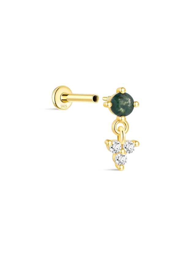 S925 Moss Agate Round Flatback Stud