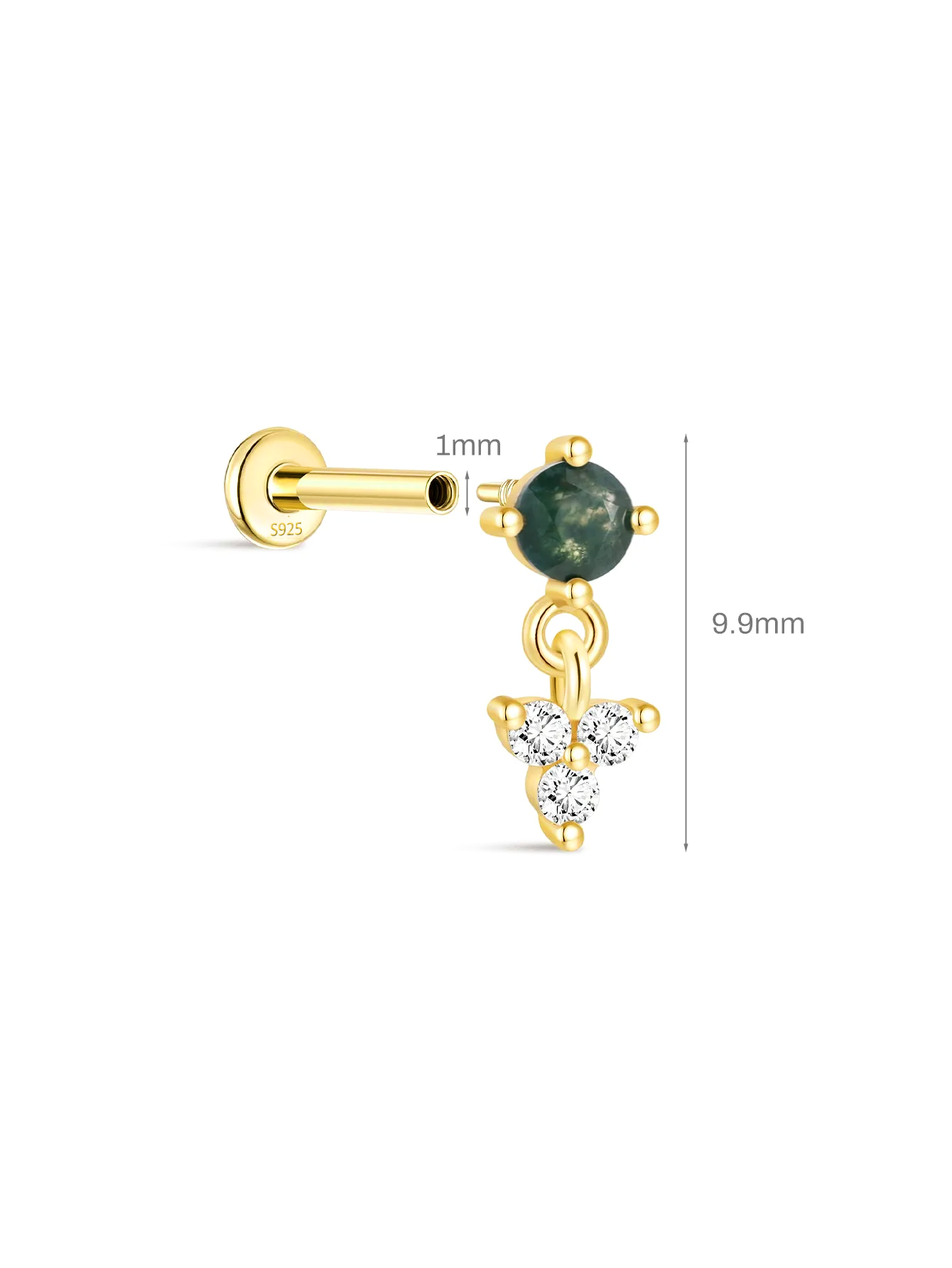 S925 Moss Agate Round Flatback Stud