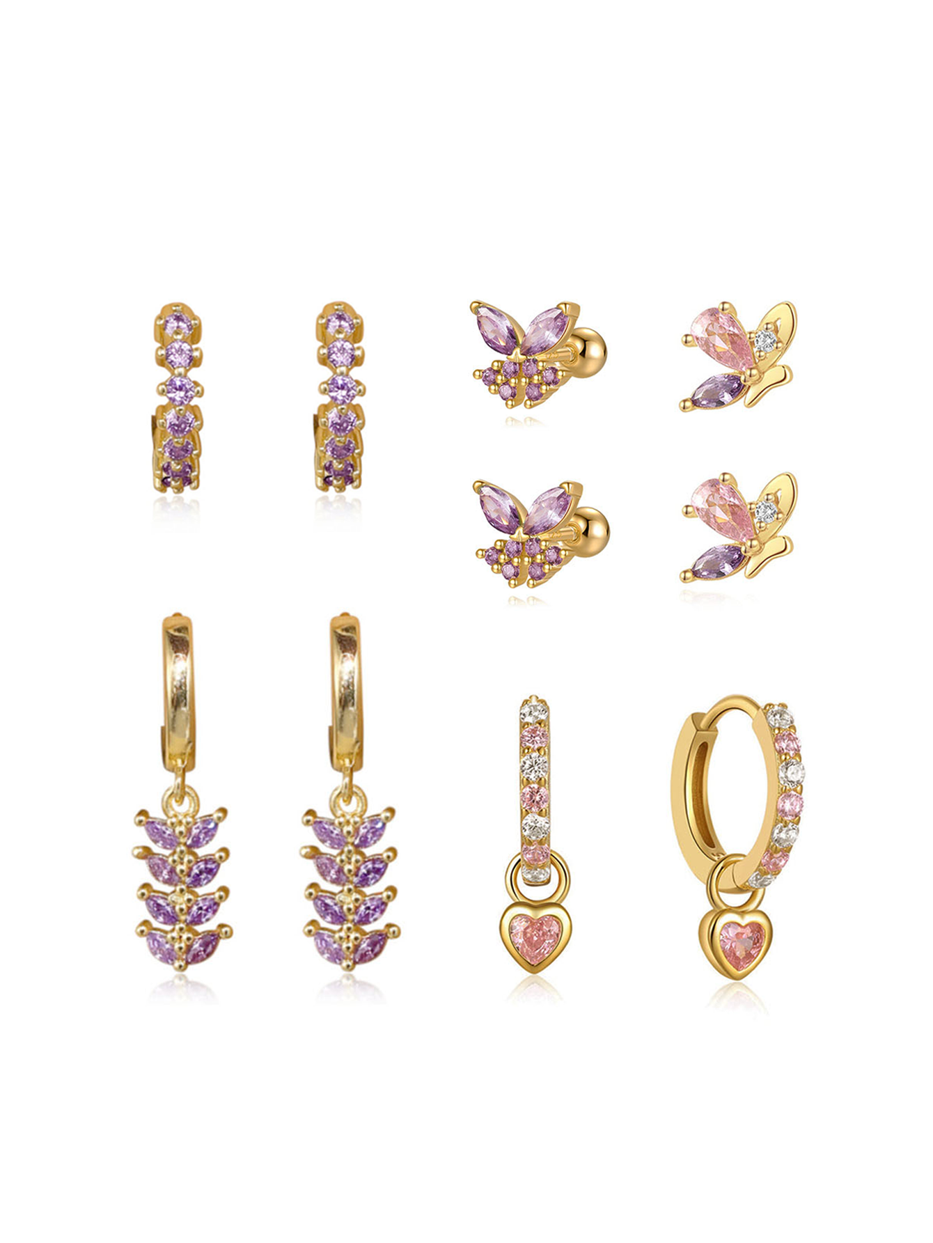 S925 Pink&Purple Butterfly Drop Earring Set-Olarajewelry