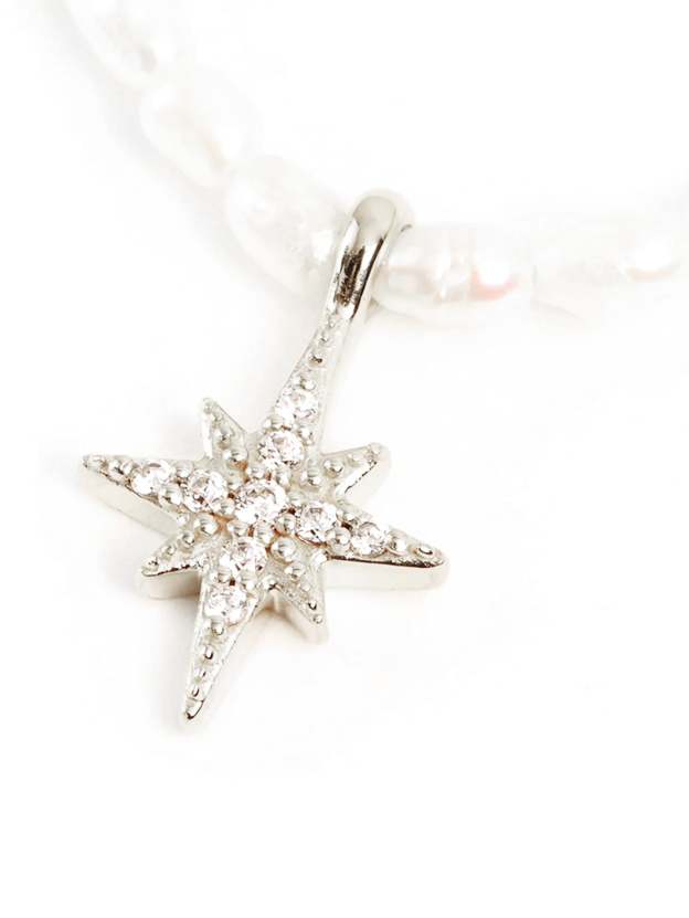 S925 Sterling Silver French Beige Pearl Octagonal Star with Zirconia Necklace-Olarajewelry