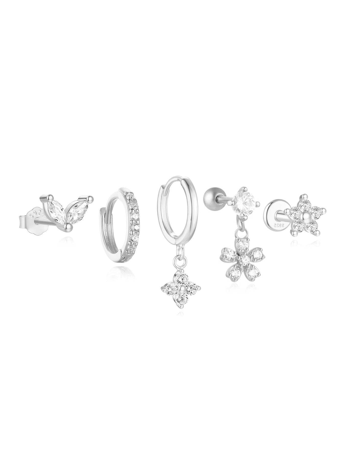 S925 5 Pieces Fresh Flower Zircon Stud Earring Set-Olarajewelry