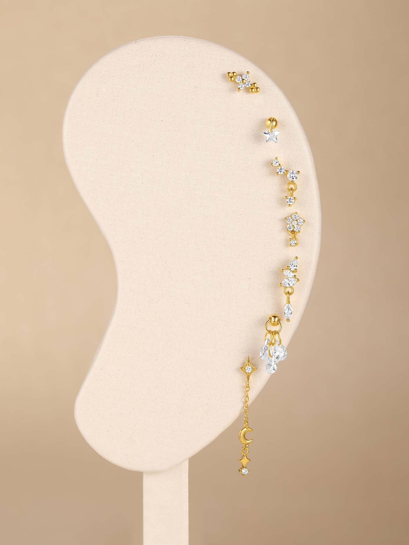 S925 Gold Plated Flower Drops Star Moon Stud Earring Series-Olarajewelry