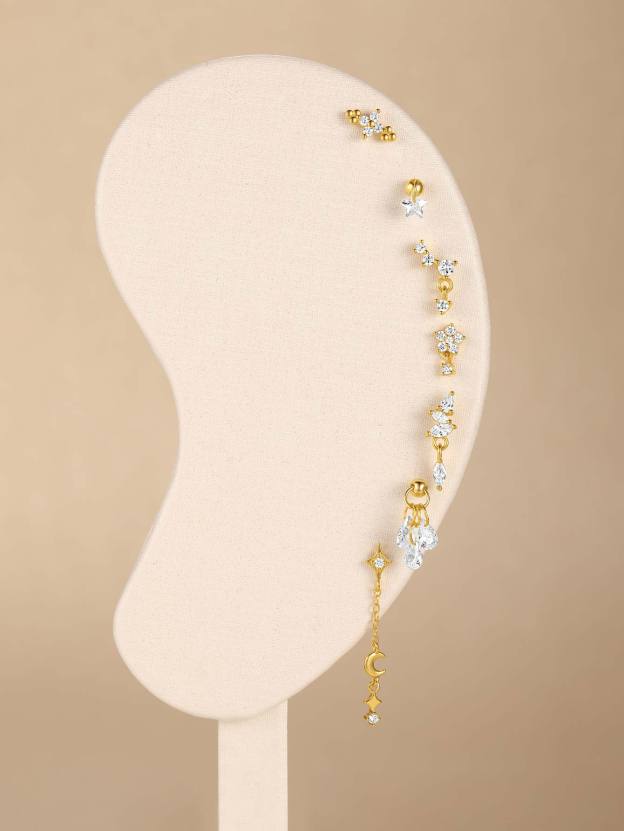 S925 Gold Plated Flower Drops Star Moon Stud Earring Series-Olarajewelry