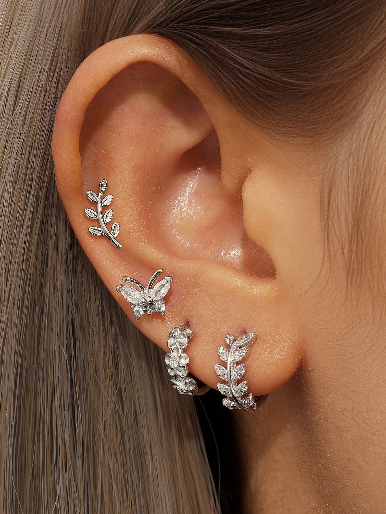 S925 Butterfly Leaf Zircon Earring Set-Olarajewelry