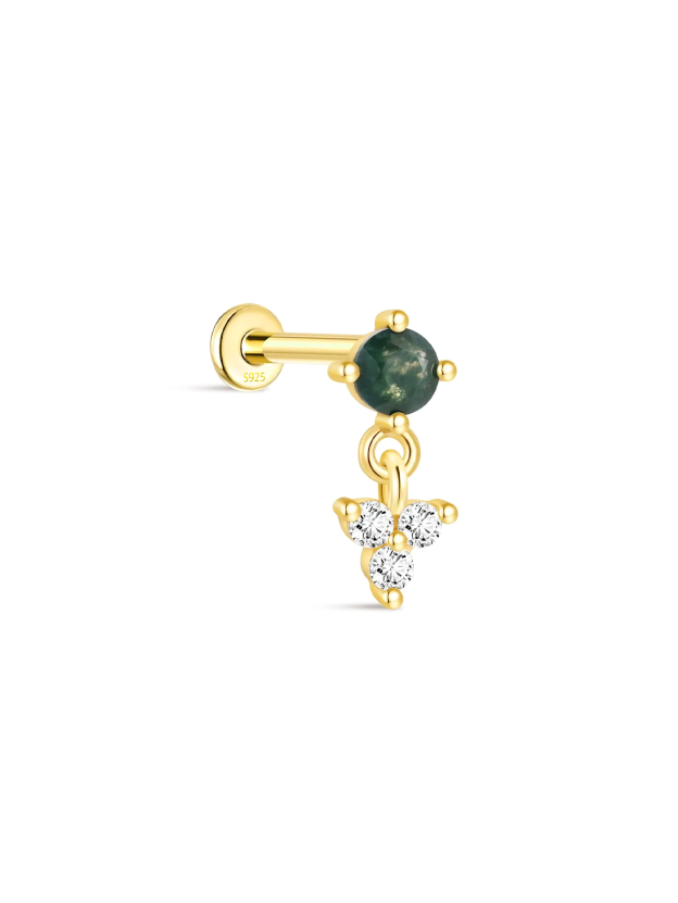 S925 Moss Agate Round Flatback Stud