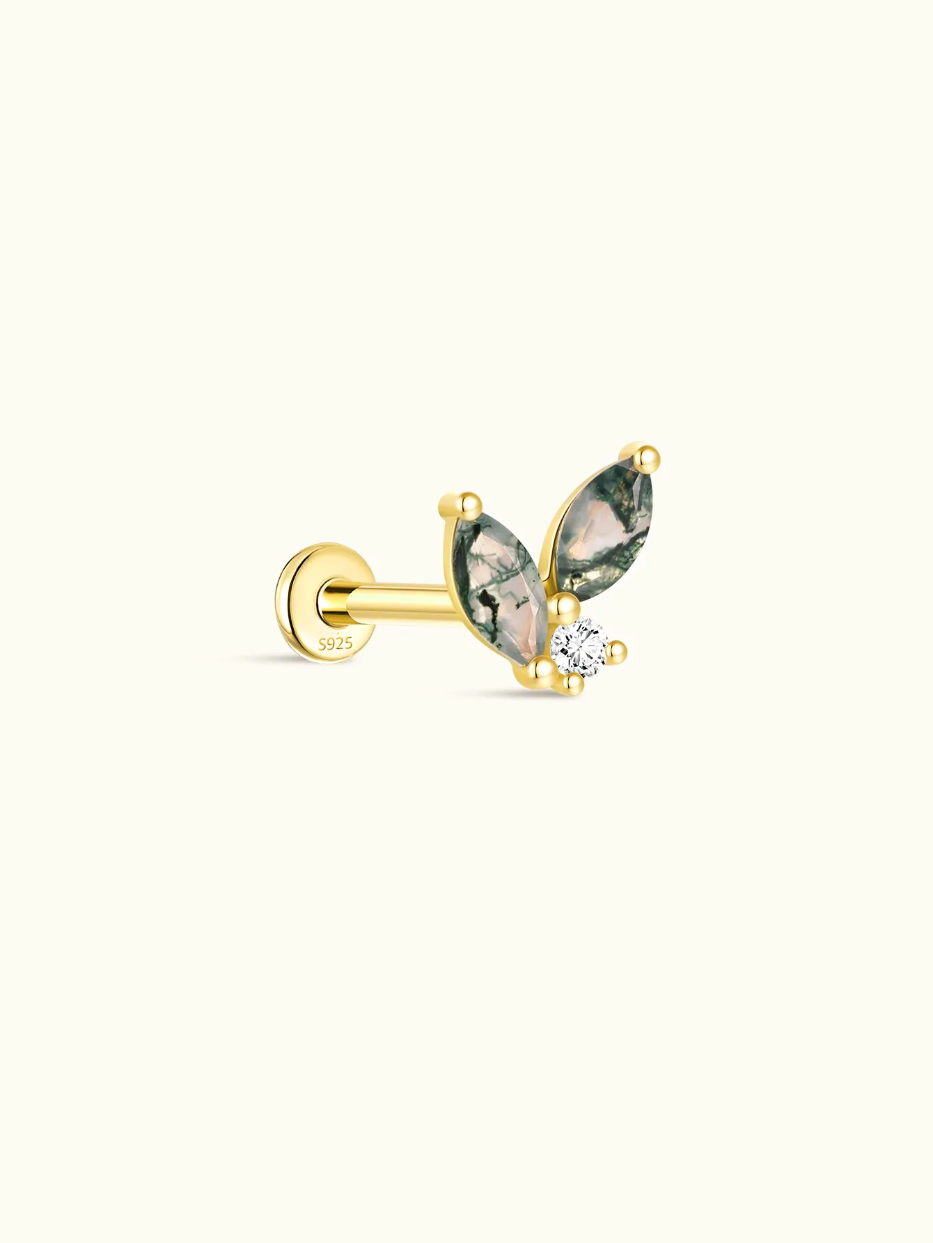 S925 Moss Agate Horse Eye Flatback Stud
