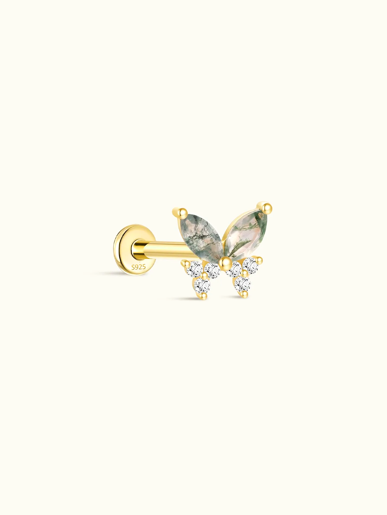 S925 Moss Agate Butterfly Flatback Stud