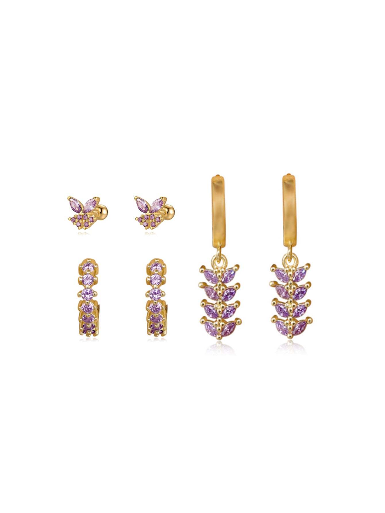 S925 Pink&Purple Butterfly Drop Earring Set-Olarajewelry