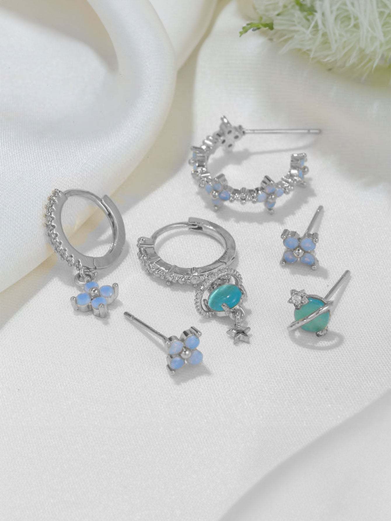 Olara Blue Opal Flower 6-Piece Earring Set-Olarajewelry