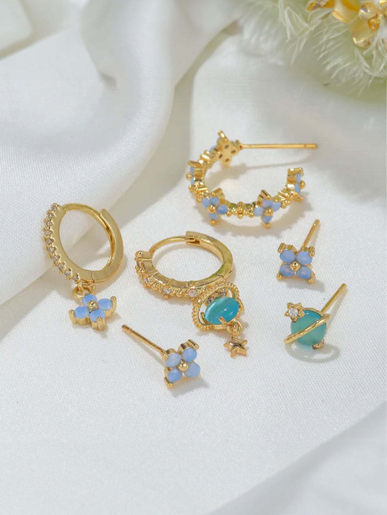 Olara Blue Opal Flower 6-Piece Earring Set-Olarajewelry