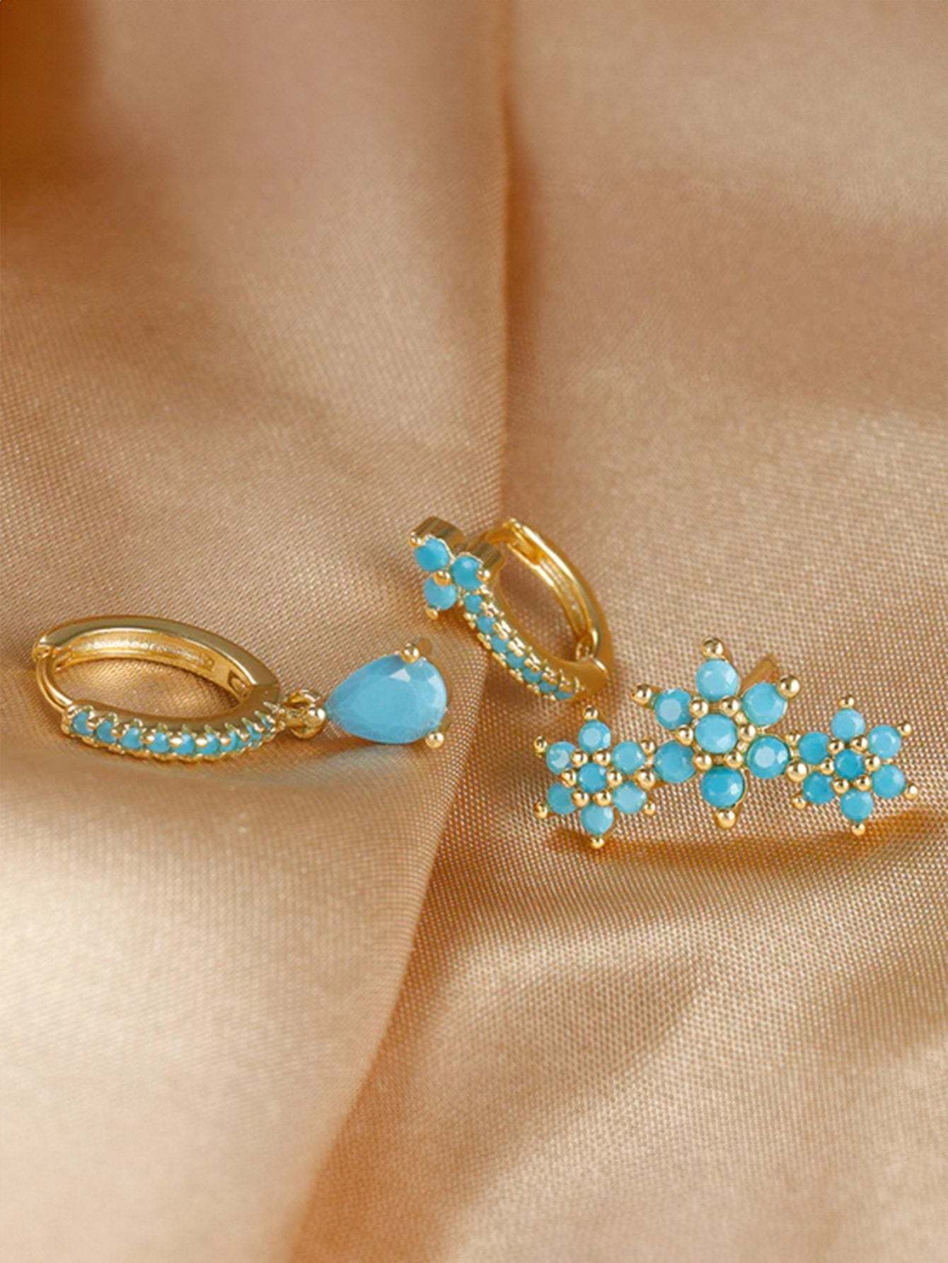 S925 Turquoise Flower Drop Hoop Earring Set-Olarajewelry