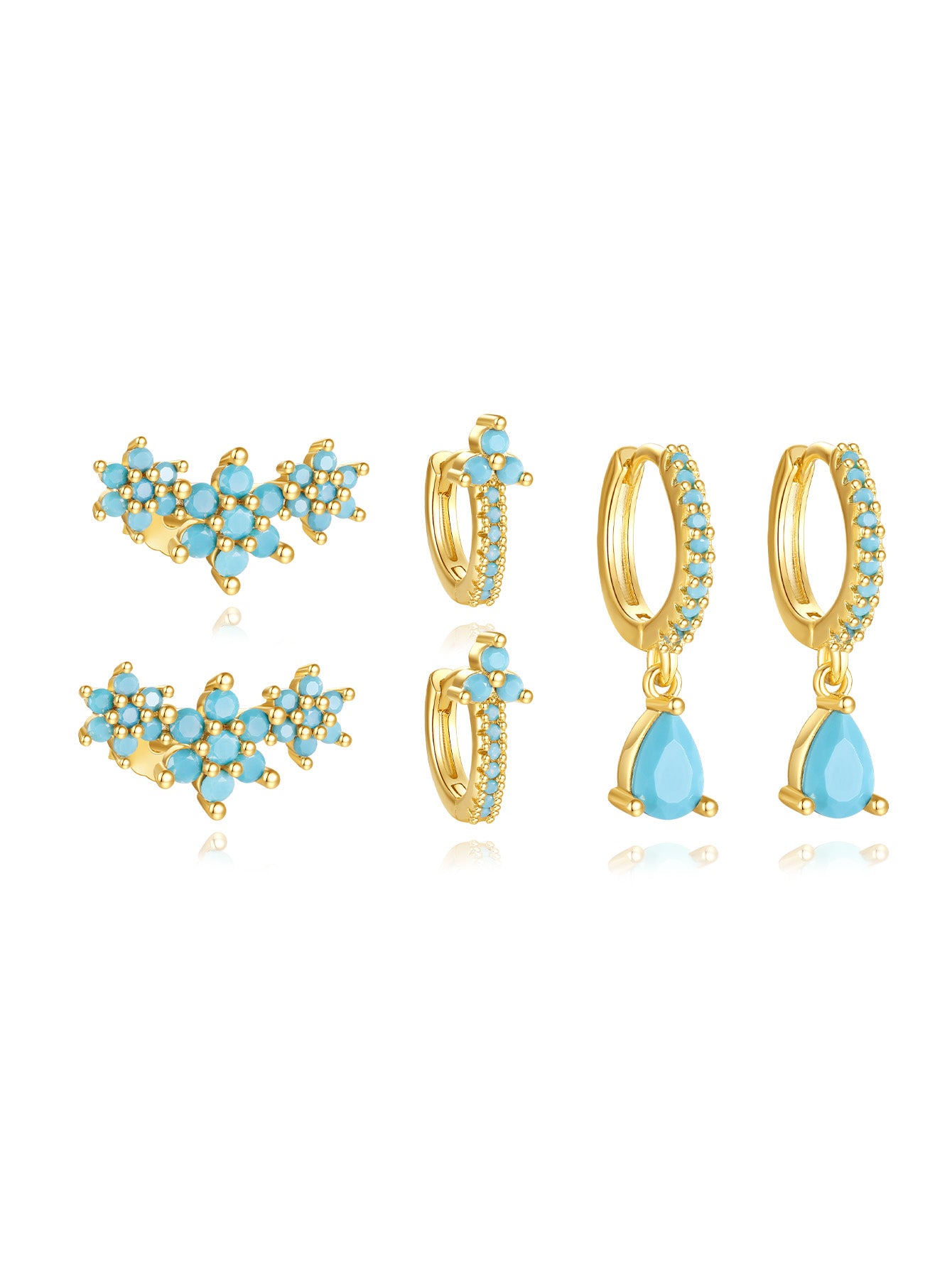 S925 6 Petals Turquoise Flowers Drop Hoop Earring Set-Olarajewelry