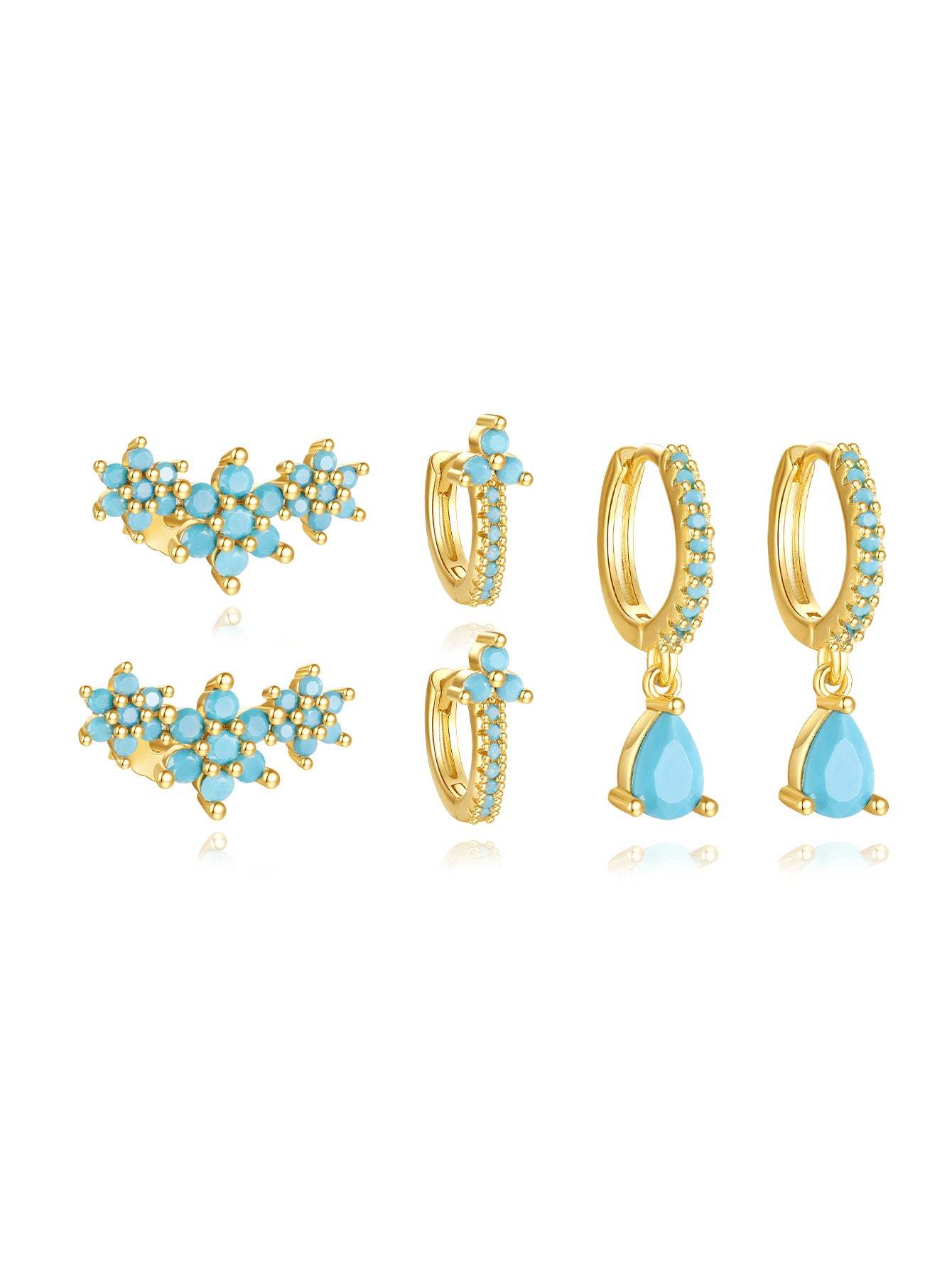 S925 Turquoise Flower Drop Hoop Earring Set-Olarajewelry