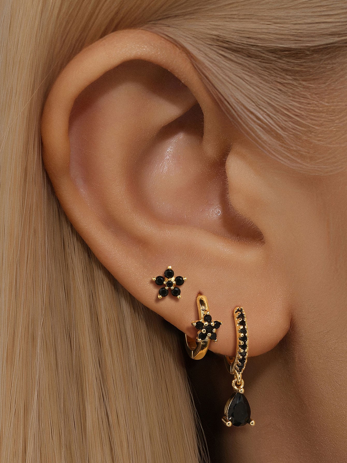 S925 Delicate Flower Drops Black Zirconia Simple Fashion Earring Collection-Olarajewelry