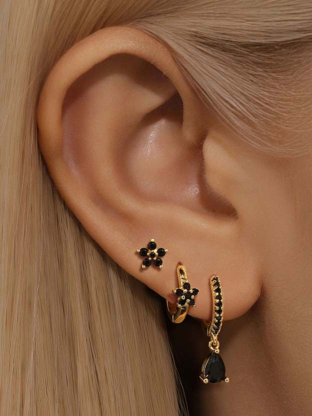 S925 Delicate Flower Drops Black Zirconia Simple Fashion Earring Collection-Olarajewelry