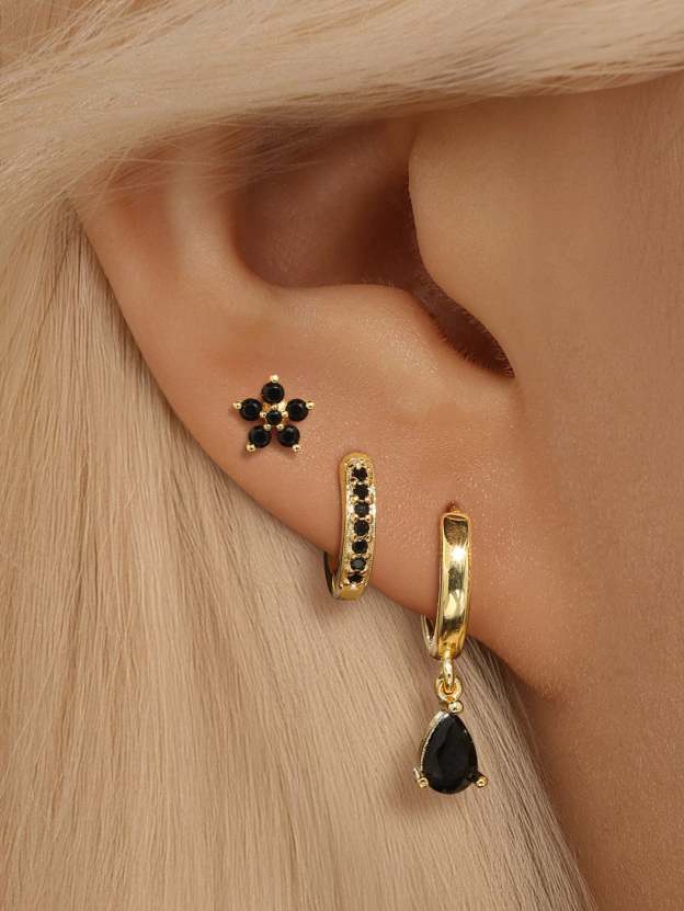 S925 Flower Water Black Zircon Bezel Pendant Earring Collection-Olarajewelry