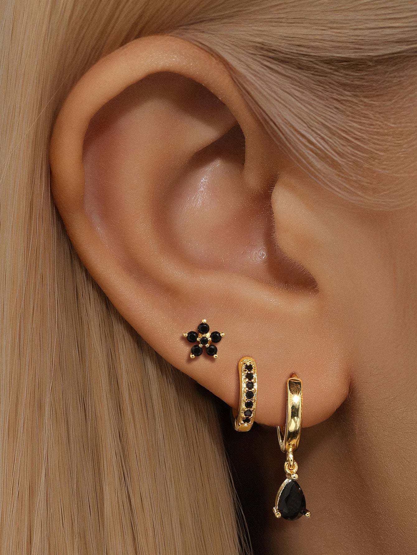 S925 Flower Water Black Zircon Bezel Pendant Earring Collection-Olarajewelry