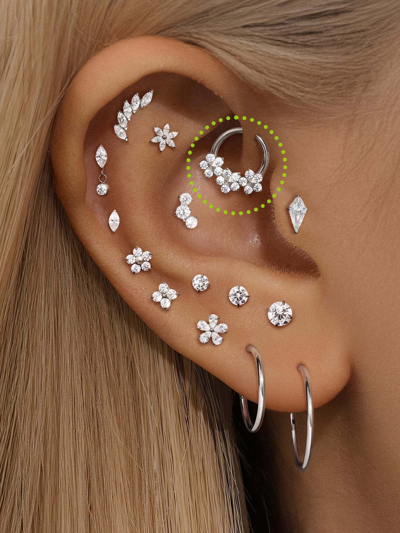 G23 Titanium Three Fowers Zircon Daith Earrings 8MM-Olarajewelry