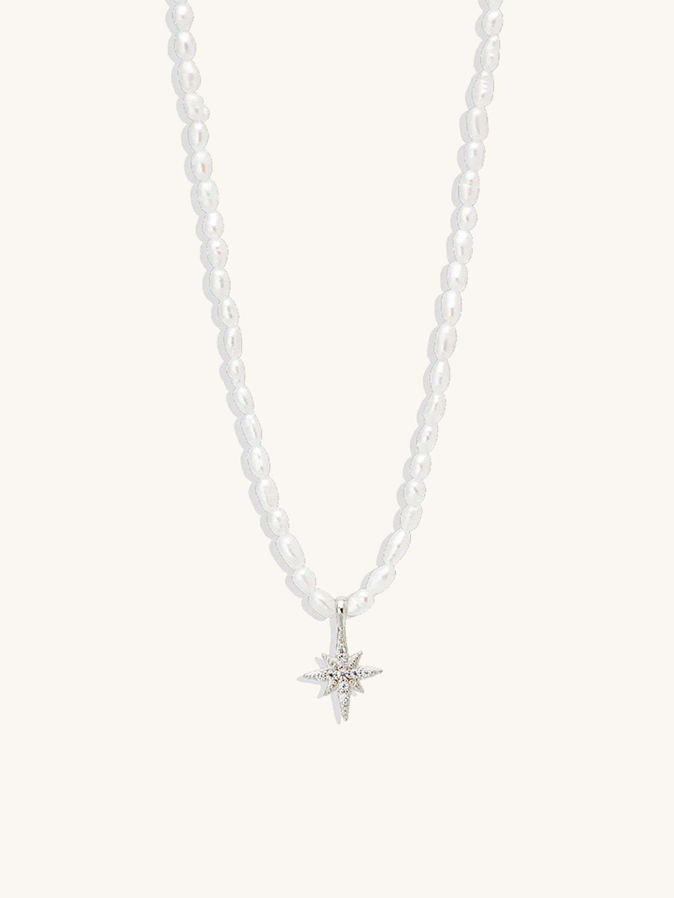 S925 Sterling Silver French Beige Pearl Octagonal Star with Zirconia Necklace-Olarajewelry