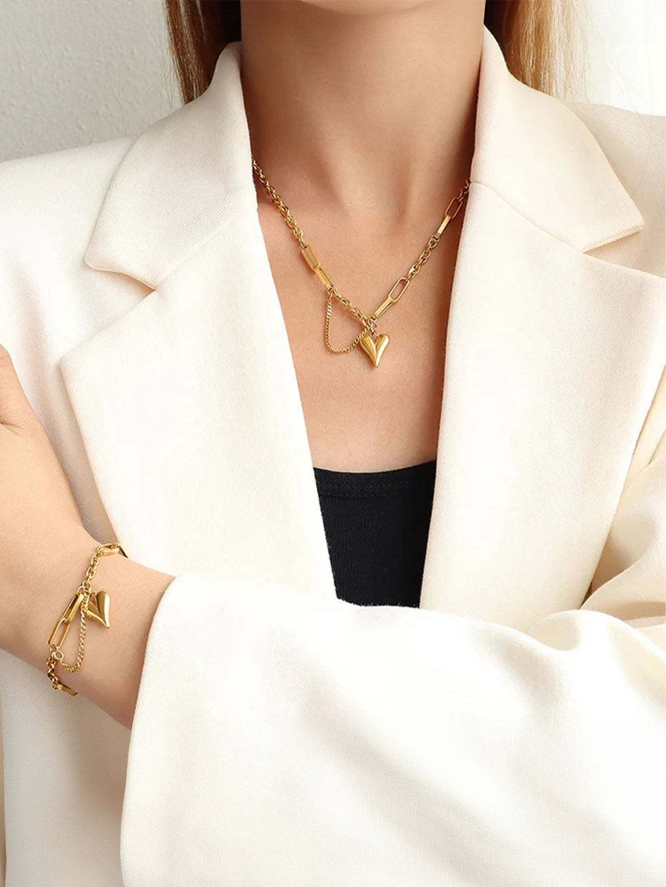 Olara Heart Shape Pendant Premium Texture Necklace Bracelet Set-Olarajewelry