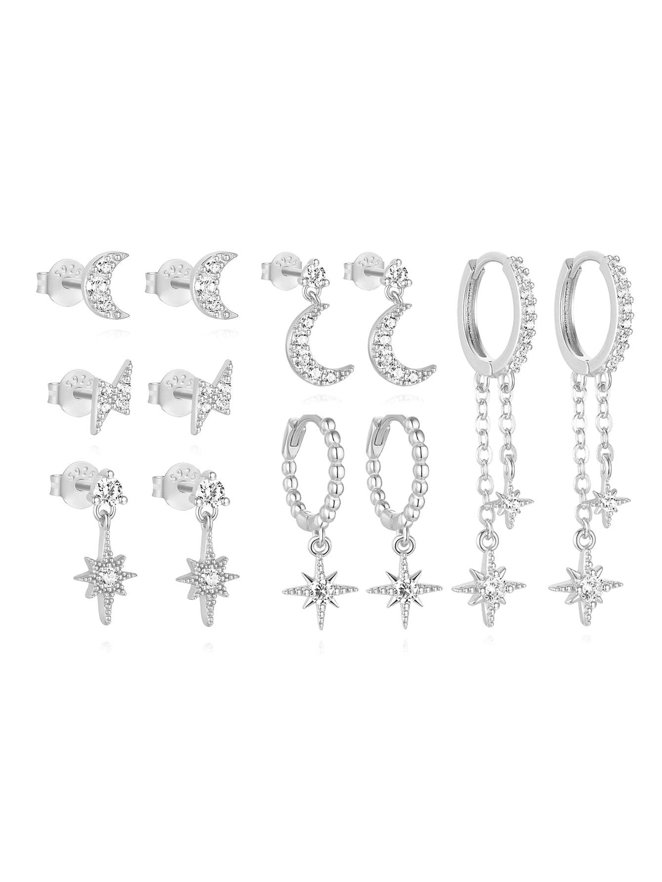 S925 Star and Moon Zircon Earring Set-Olarajewelry